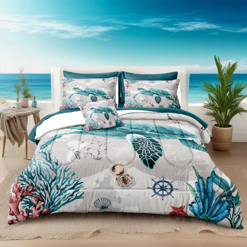 Bedbay 8 Pieces Nautical Bedding Set Sea Turtle Full Size Comforter Set with Sheets Turquoise Comforter Retro Turtle Bedding Set for Kids Boys Girls Ocean Themed Soft Fluffy Bed Set(Ocean Full) - Image 1